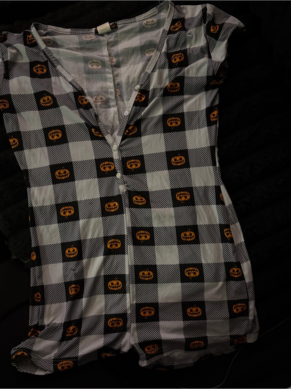 Women’s Black & White Plaid Halloween Button-Front Pajama Top